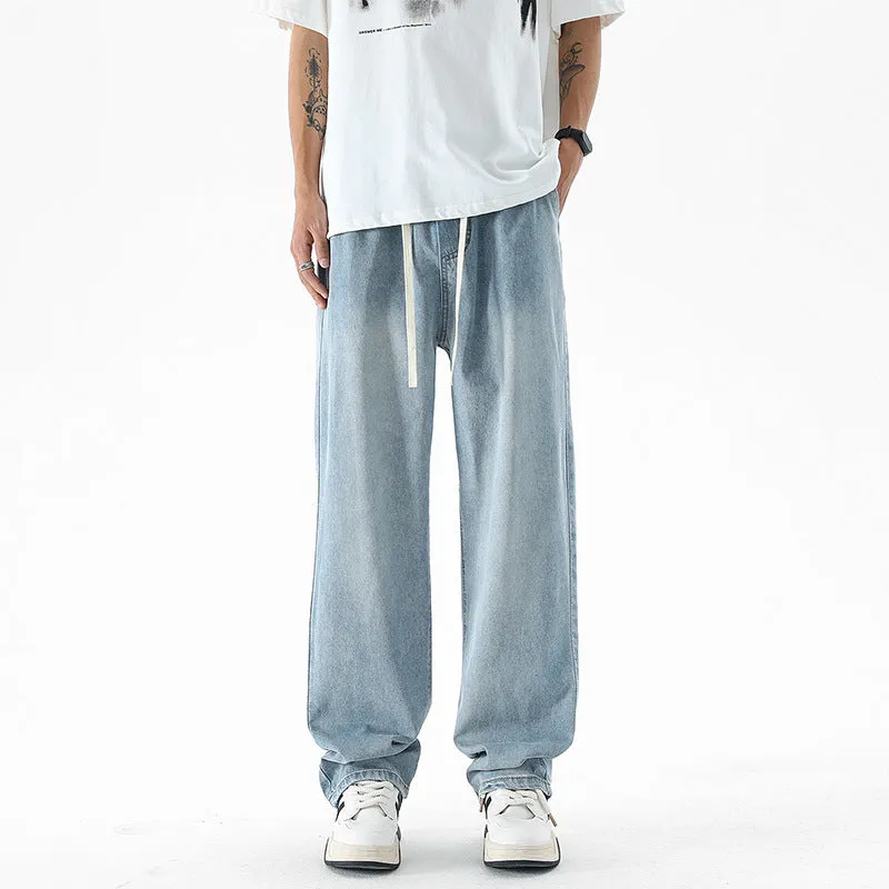 Kj63 Jeans American High Street Retro Washed Jeans Men's Thin Hong Kong Style Loose Straight Drooping Wide Leg Pants Fashion