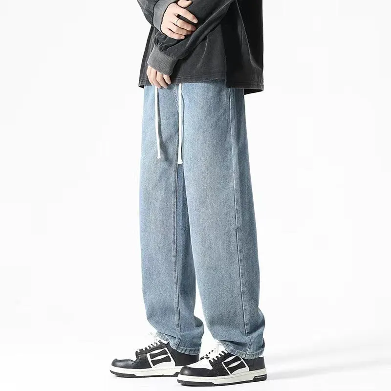 Kj63 Jeans American High Street Retro Washed Jeans Men's Thin Hong Kong Style Loose Straight Drooping Wide Leg Pants Fashion