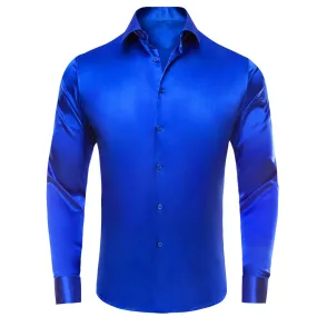 Klein Blue Solid Satin Silk Men's Long Sleeve Business Shirt