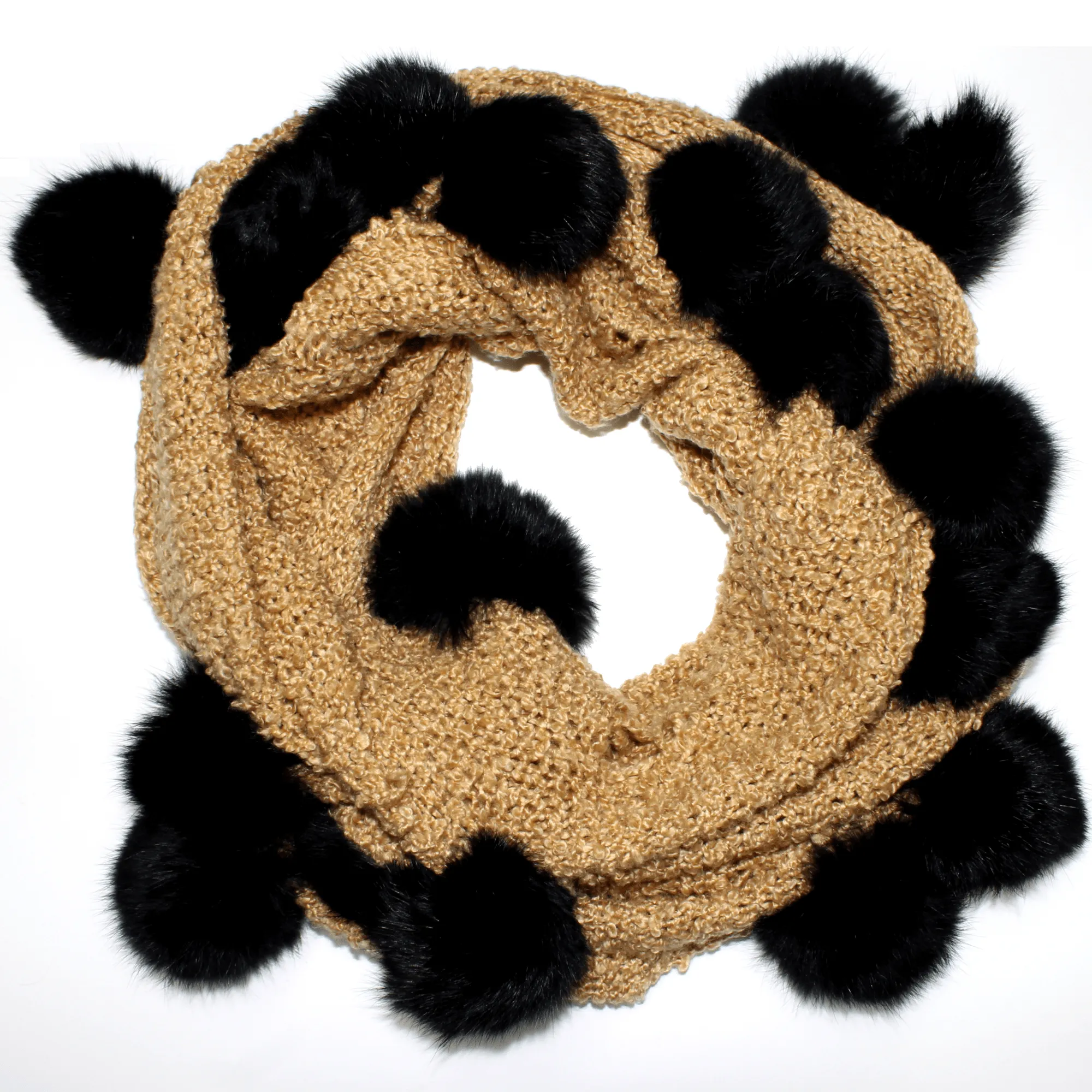 Knit Infinity Scarf w/ Rabbit Fur Pom Poms - Yellow