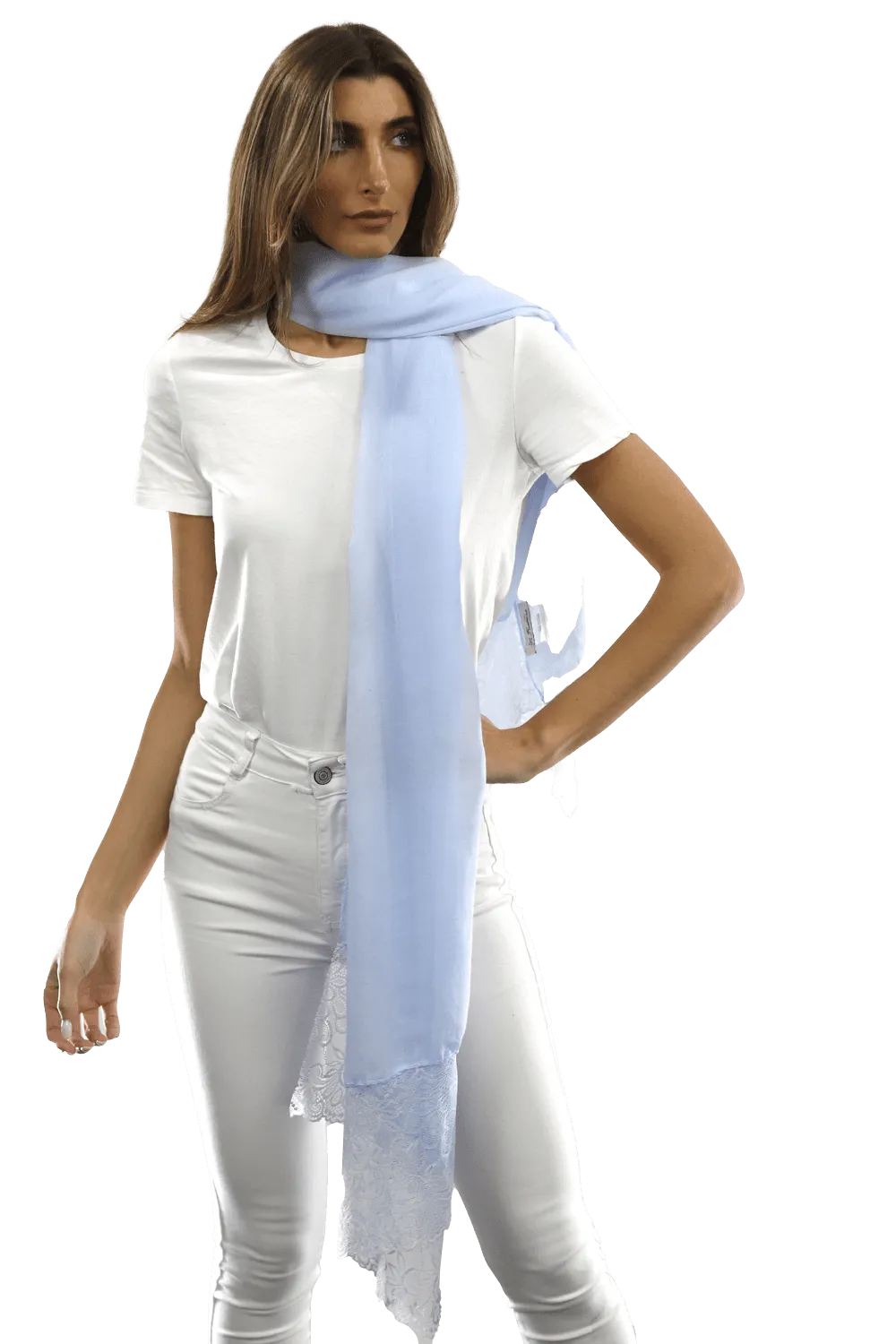 La Fiorentina Embroidery Laced Trim Scarf - Light Blue