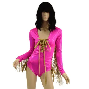 Lace Up Fringe Romper in Neon Pink and Gold