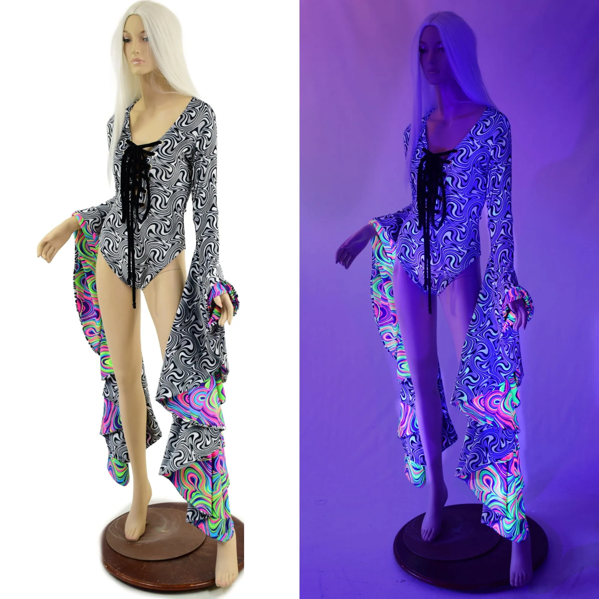 Laceup Sorceress Romper in Distortion Velvet and Neon Glow Worm