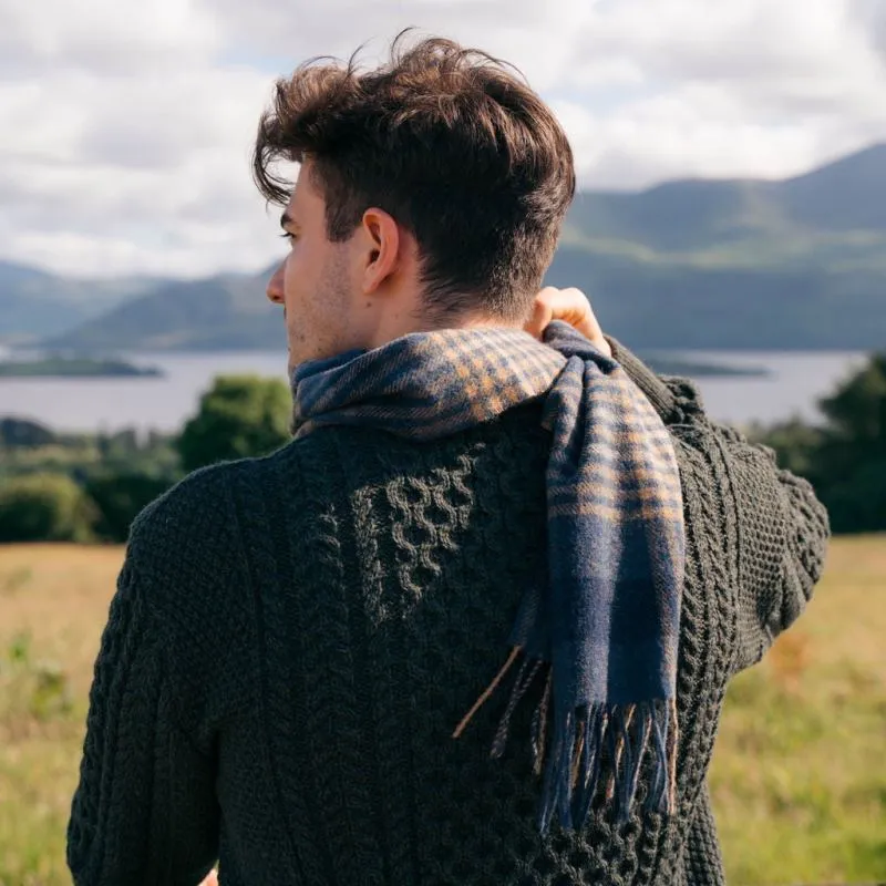 Lambswool Scarf - Denim, Navy and Beige Block Check - John Hanly