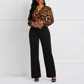 Leopard Sexy Jumpsuit Romper Women Long Sleeve Office Vintage Fashion African Ladies Party Casual Jumpsuits Long High Waist Punk