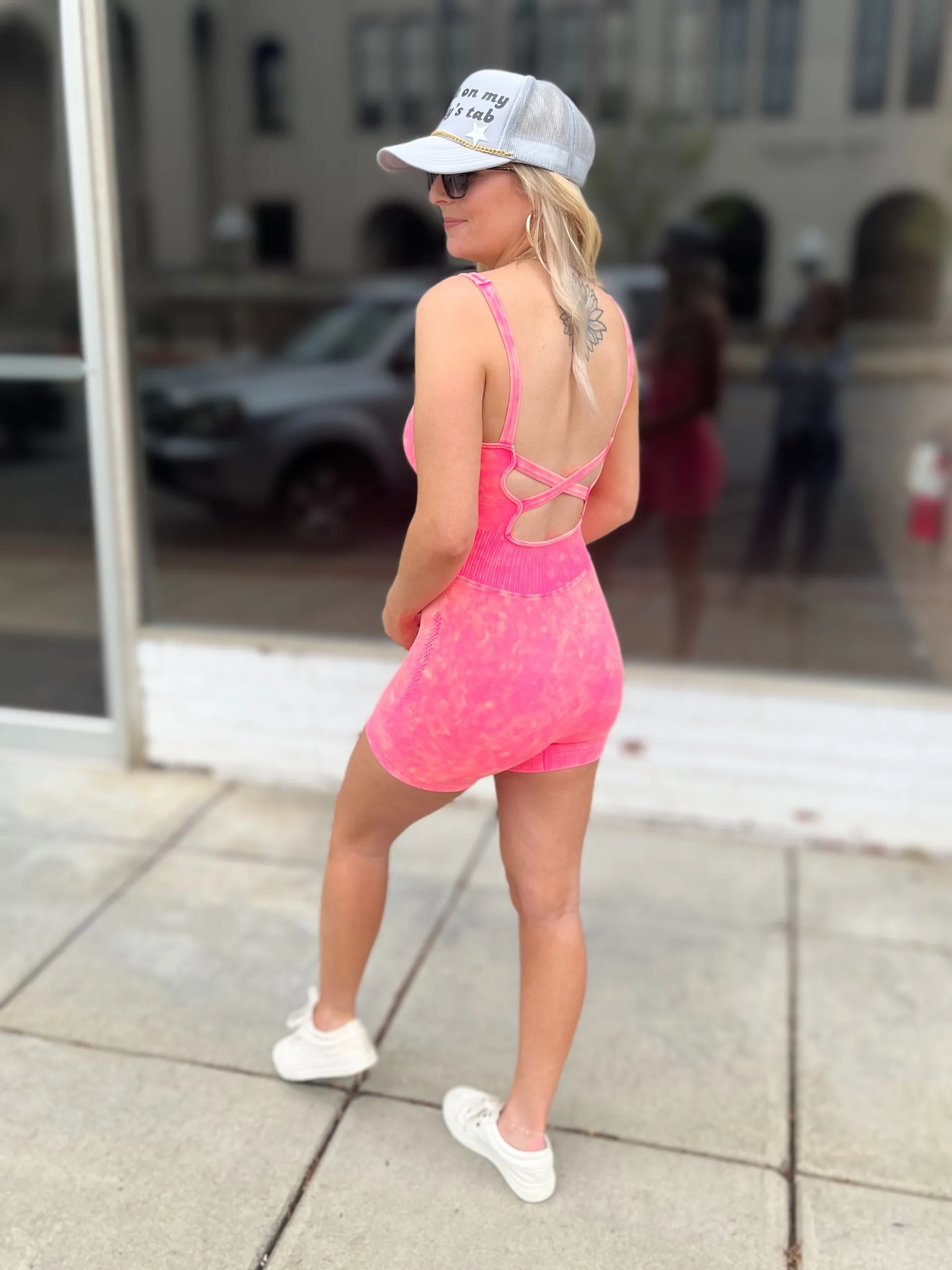 Lift High Active Romper : Neon Coral Fuchsia