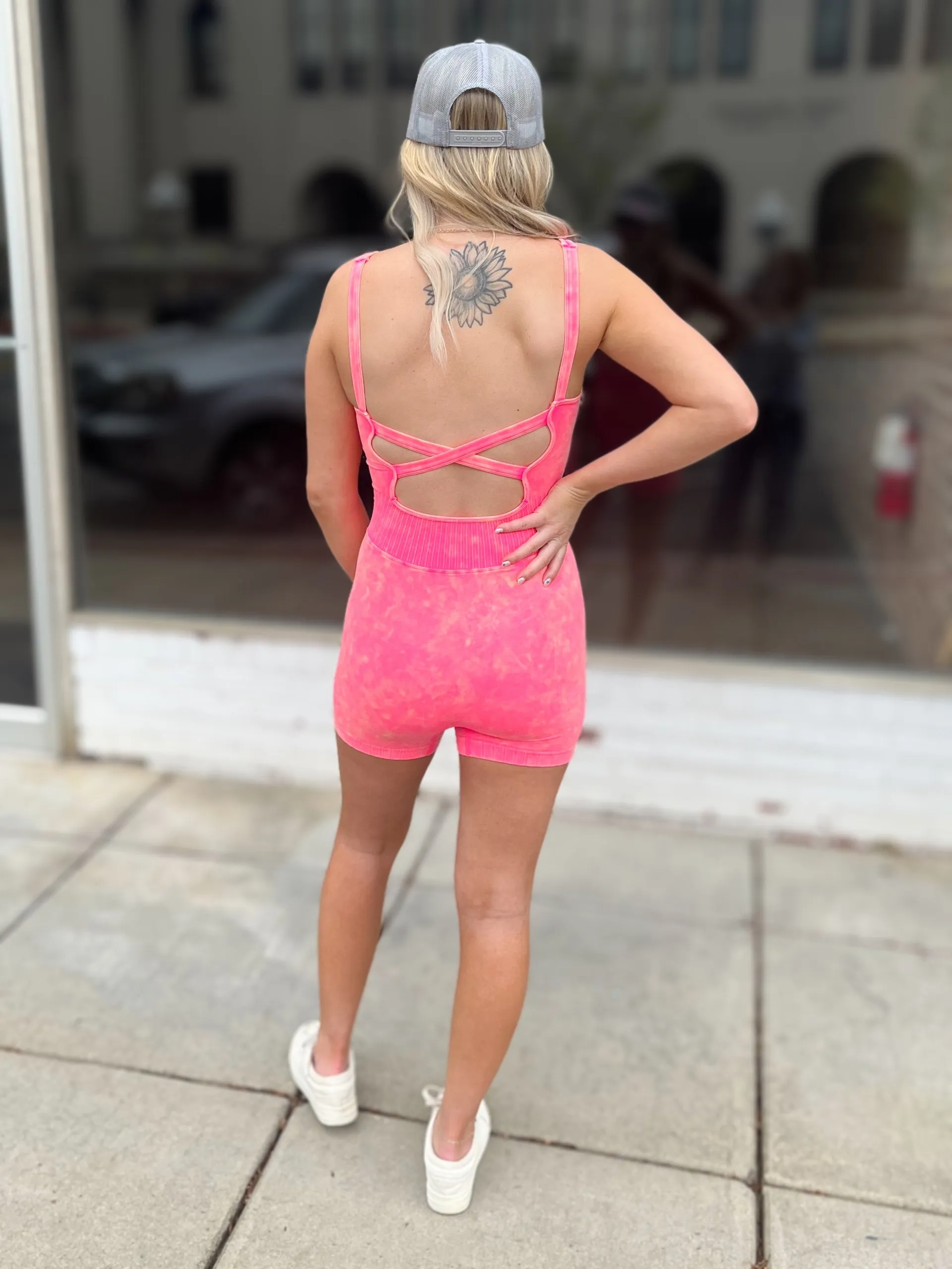 Lift High Active Romper : Neon Coral Fuchsia