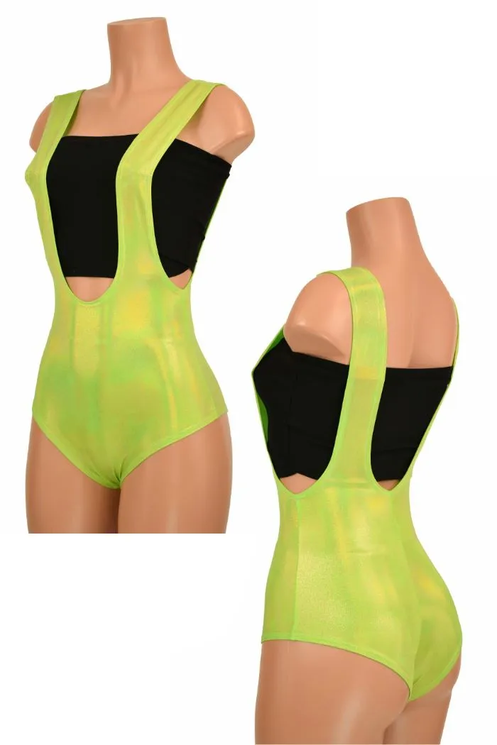 Lime Holographic Suspender Romper