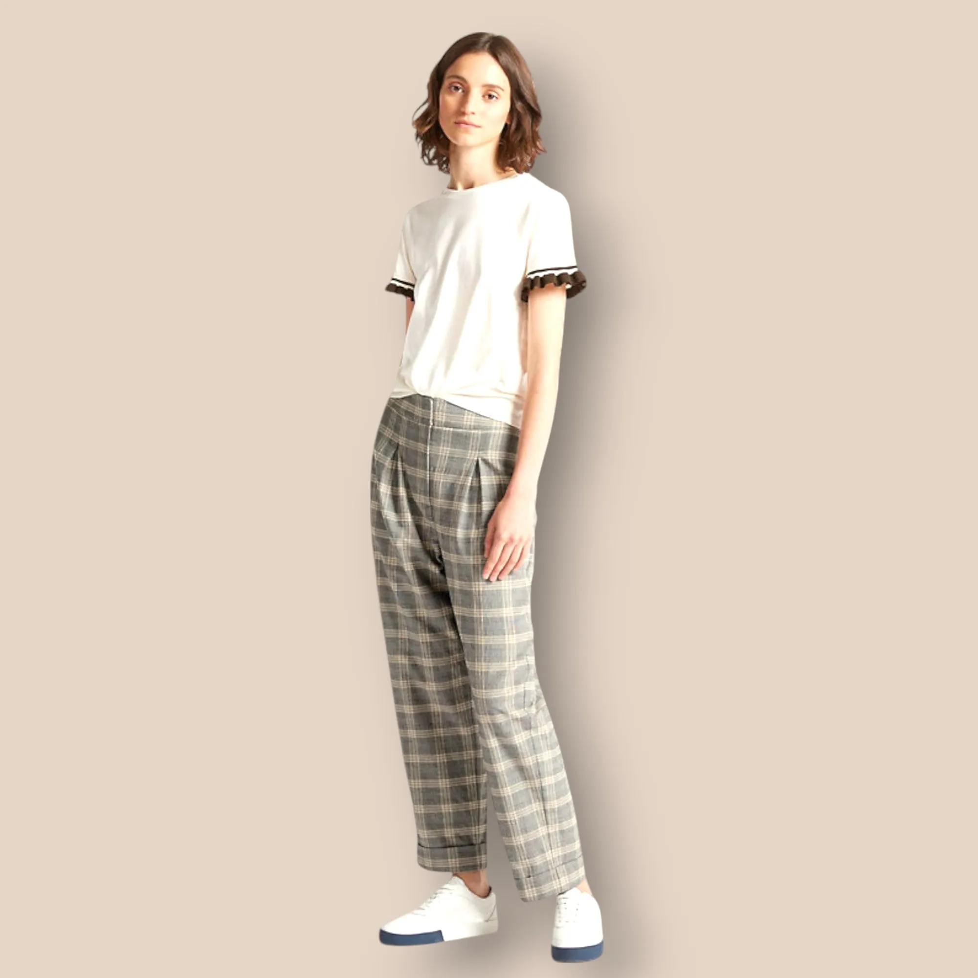 Limited Edition Grey Mix Checked Wide Leg Trousers UK 12 US 8 EU 40