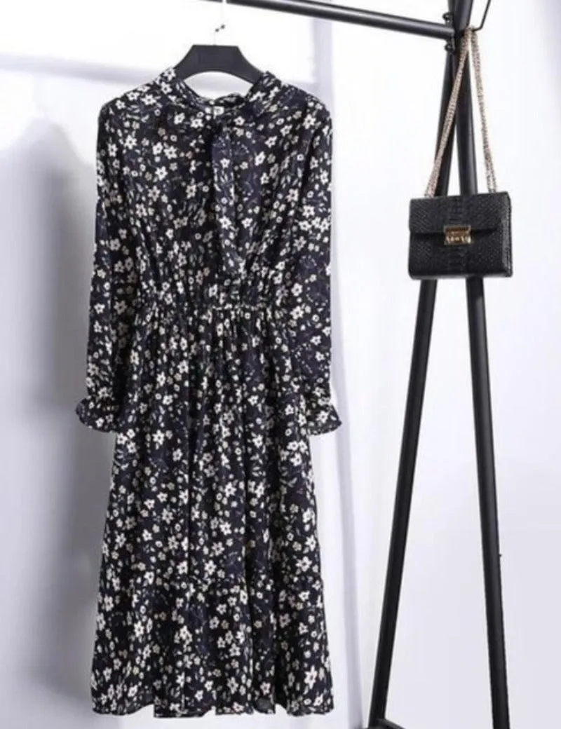 Long Sleeve Chiffon A-line Midi Bow Floral Shirt Dress