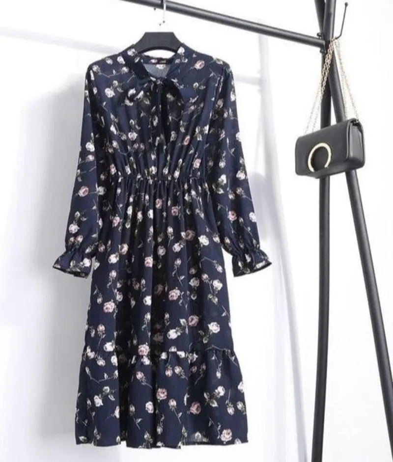 Long Sleeve Chiffon A-line Midi Bow Floral Shirt Dress