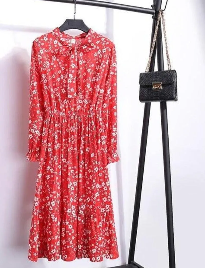 Long Sleeve Chiffon A-line Midi Bow Floral Shirt Dress