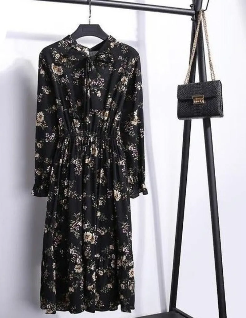 Long Sleeve Chiffon A-line Midi Bow Floral Shirt Dress