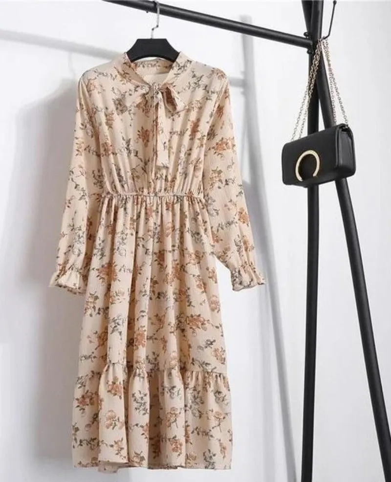 Long Sleeve Chiffon A-line Midi Bow Floral Shirt Dress