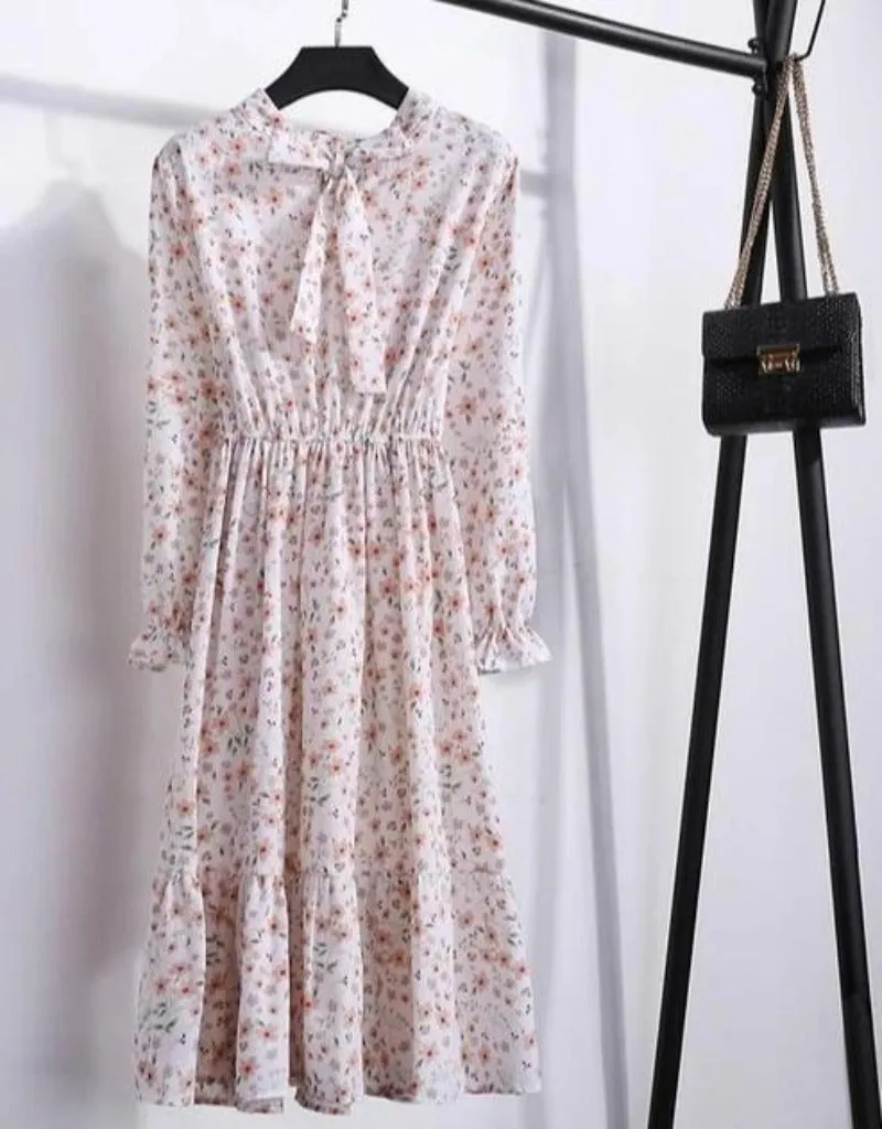 Long Sleeve Chiffon A-line Midi Bow Floral Shirt Dress