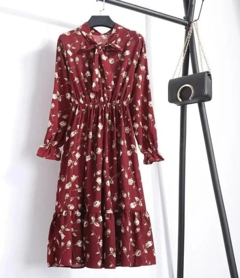 Long Sleeve Chiffon A-line Midi Bow Floral Shirt Dress