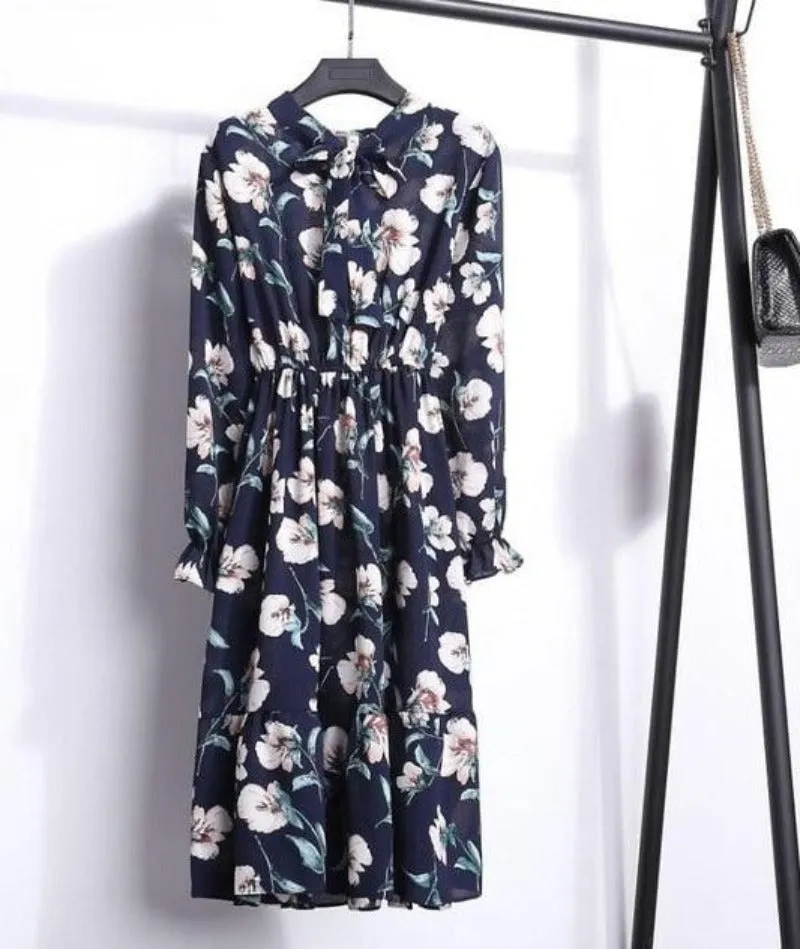 Long Sleeve Chiffon A-line Midi Bow Floral Shirt Dress