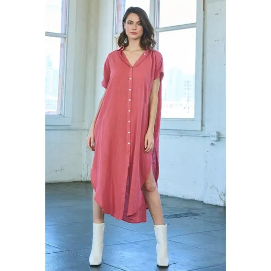 Maronie Cotton Midi Shirt Dress Coral