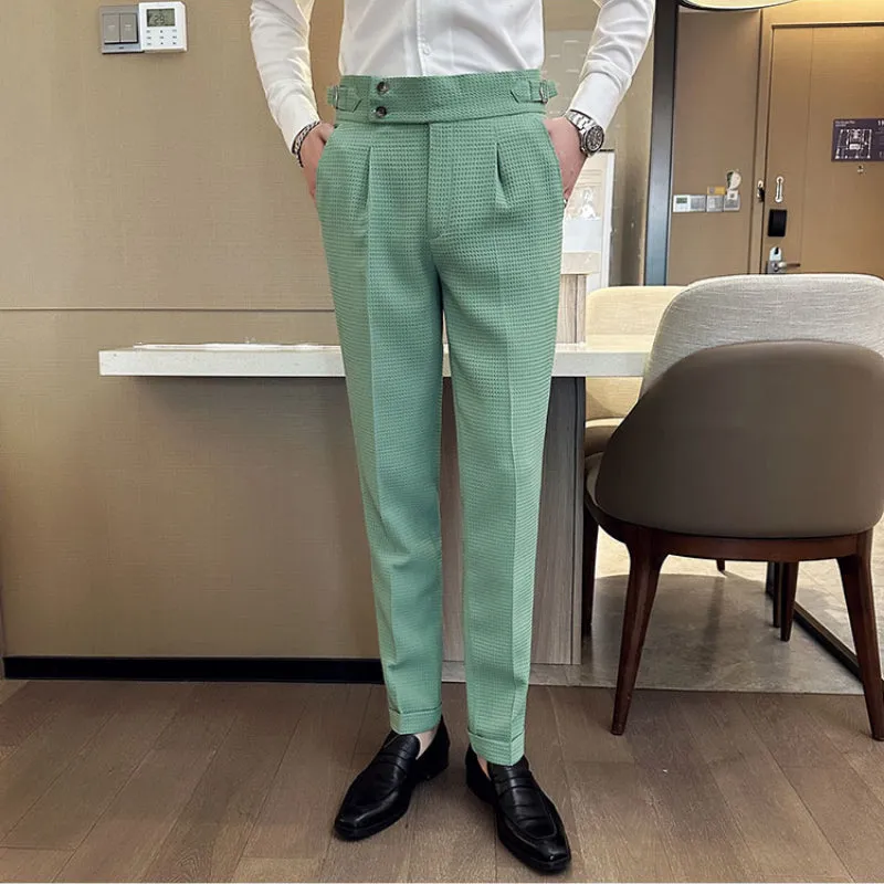 Men's Retro British Casual High Waist Waffle Pants