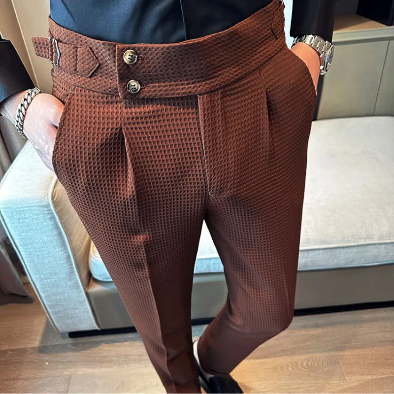 Men's Retro British Casual High Waist Waffle Pants