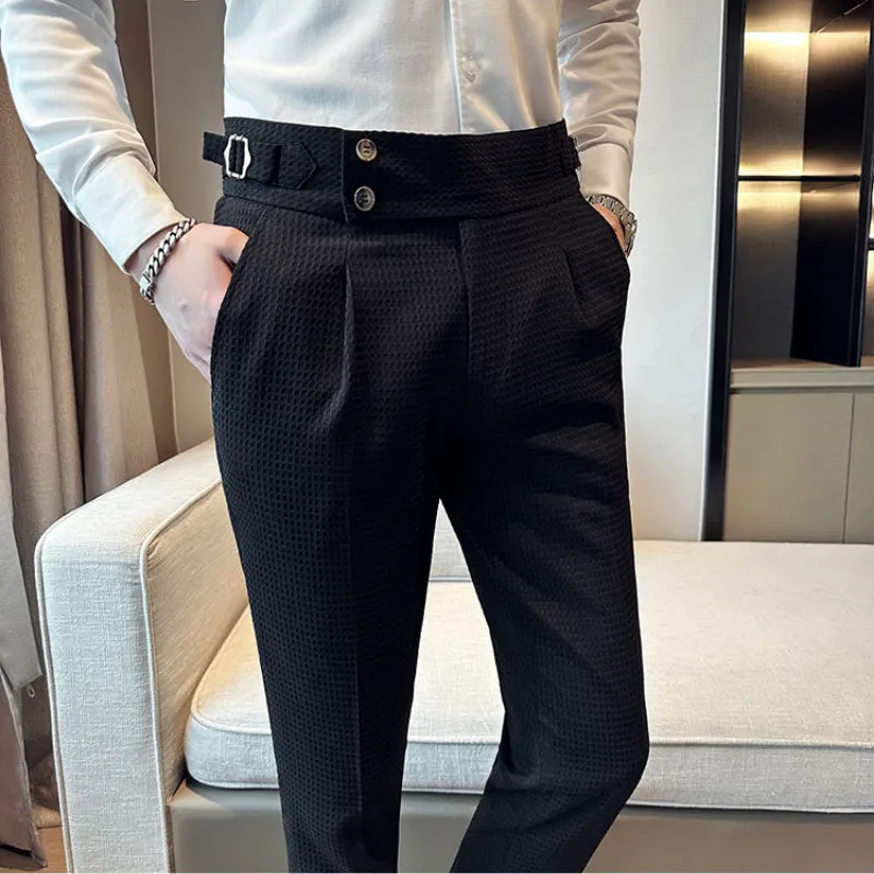 Men's Retro British Casual High Waist Waffle Pants