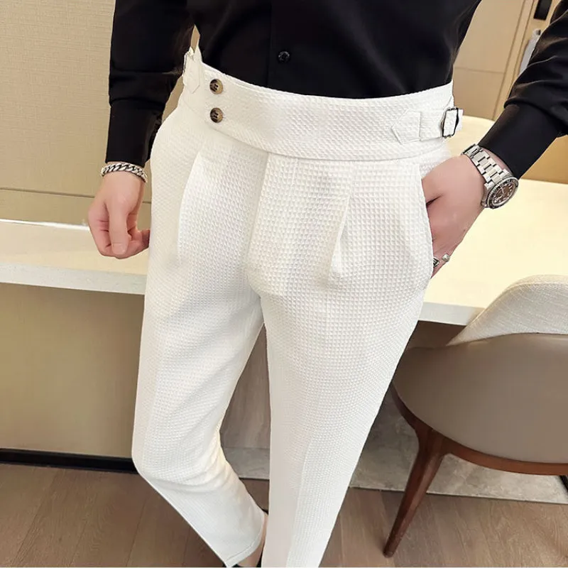 Men's Retro British Casual High Waist Waffle Pants