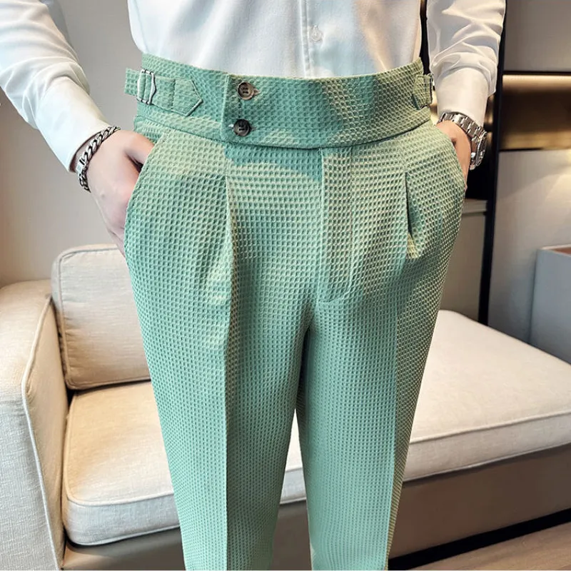 Men's Retro British Casual High Waist Waffle Pants