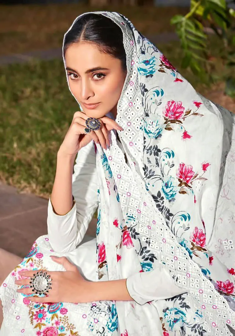 Mumtaz Arts Pure Lawn Unstitched White Sarwar Suit Material