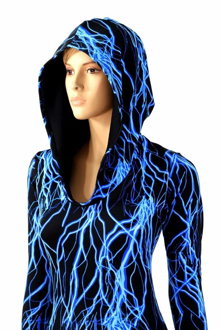 Neon Blue Lightning Hooded Catsuit