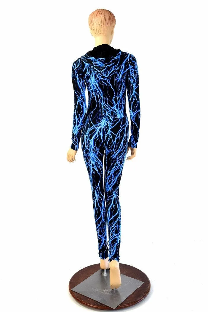 Neon Blue Lightning Hooded Catsuit