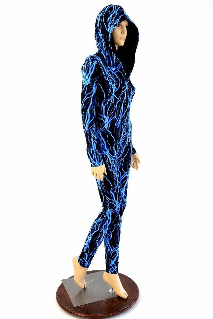 Neon Blue Lightning Hooded Catsuit