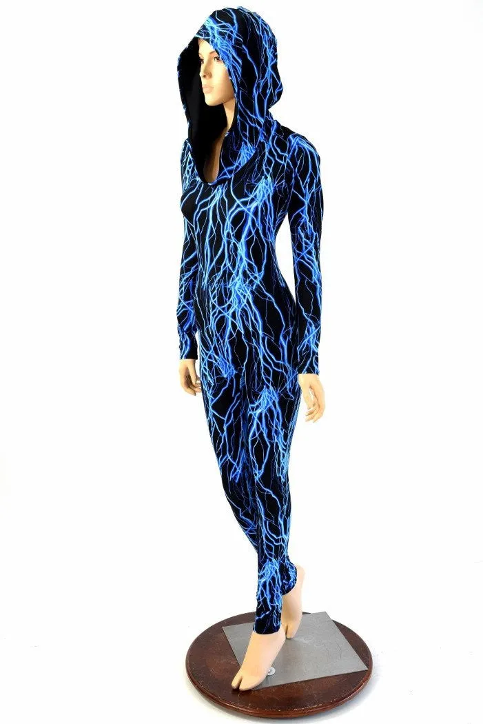 Neon Blue Lightning Hooded Catsuit