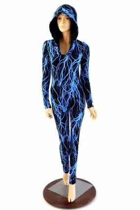 Neon Blue Lightning Hooded Catsuit