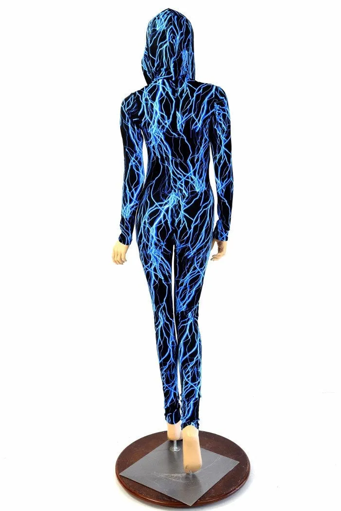 Neon Blue Lightning Hooded Catsuit