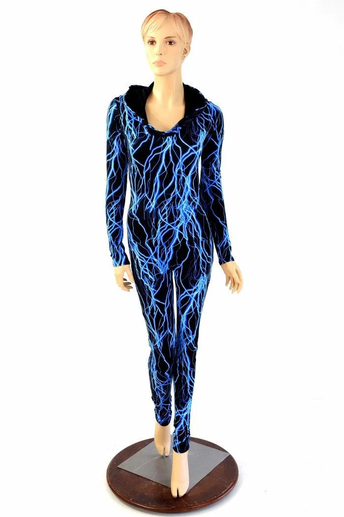 Neon Blue Lightning Hooded Catsuit