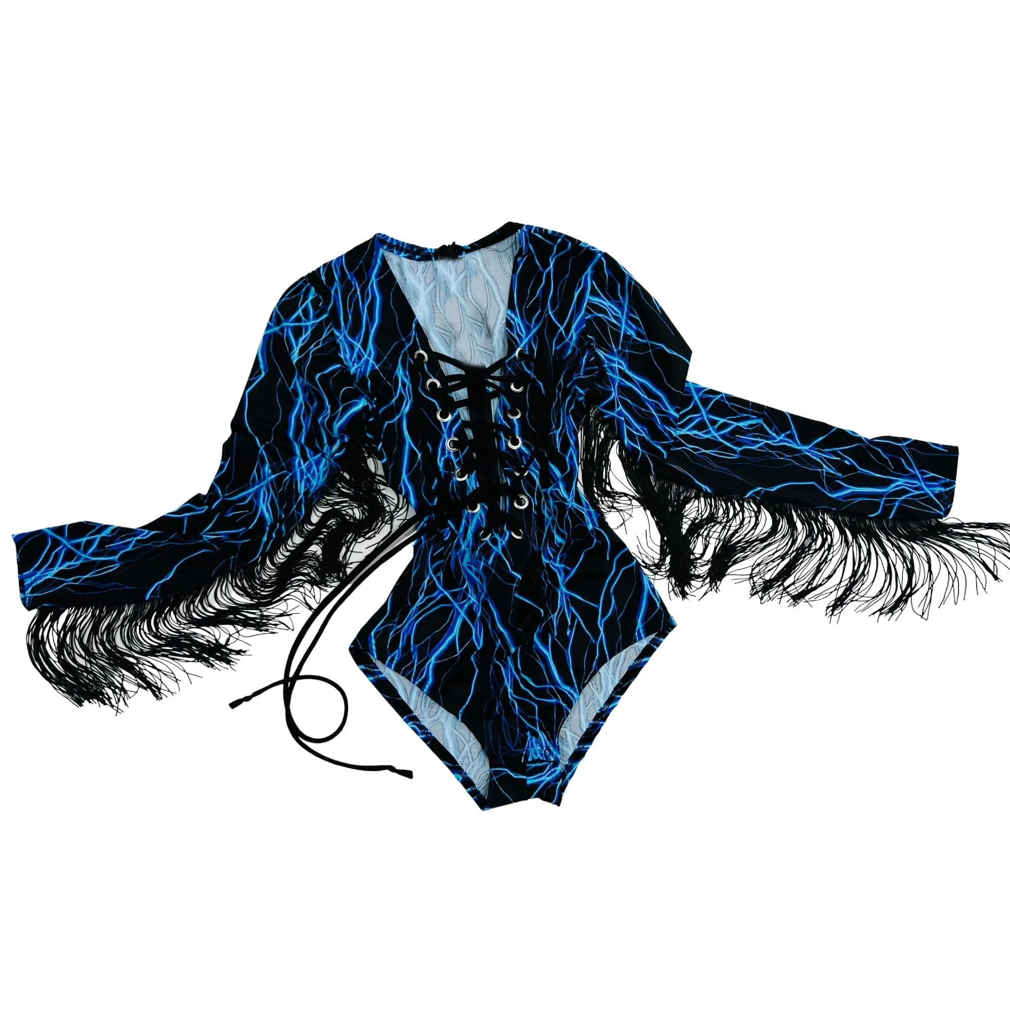 Neon Blue Lightning Plunging V Laceup Romper with Fringe