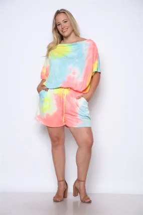 Neon Yellow and Pink Tie Dye Plus Size Romper