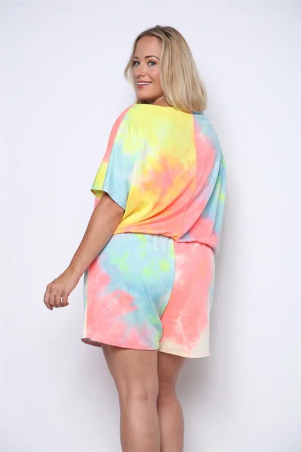 Neon Yellow and Pink Tie Dye Plus Size Romper