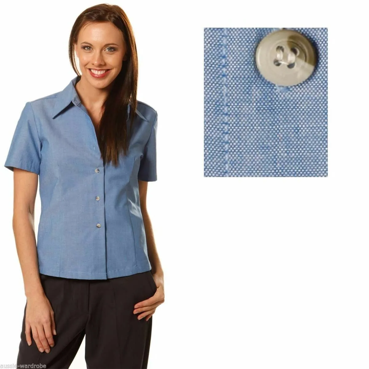 New Ladies Womens Chambray Short Sleeve Business Casual Work Dress Cotton Shirt