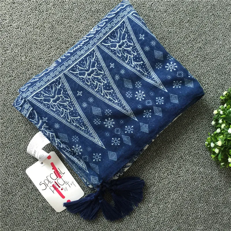 New Vintage Ethnic Silk Scarf Literature and Art Bali Yarn Blue and white porcelain Fringe Scarf Shawl