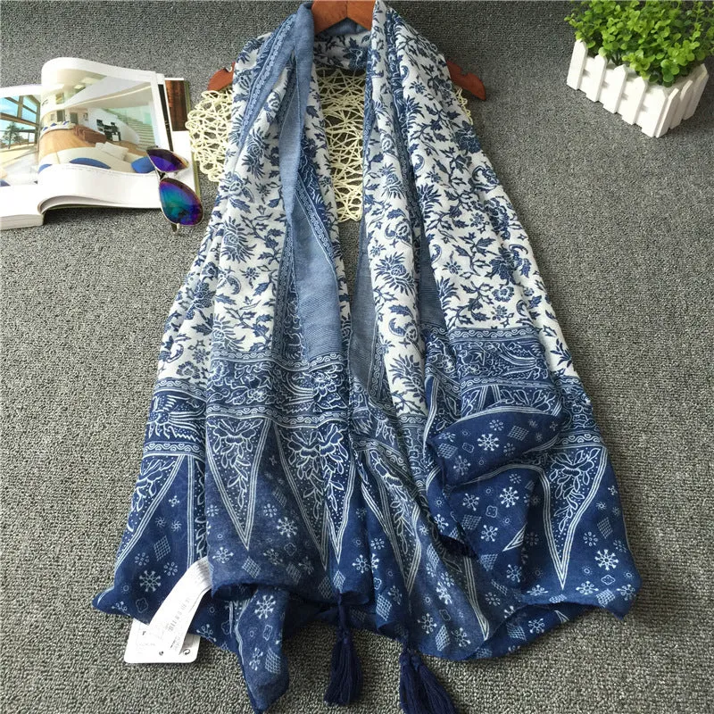 New Vintage Ethnic Silk Scarf Literature and Art Bali Yarn Blue and white porcelain Fringe Scarf Shawl