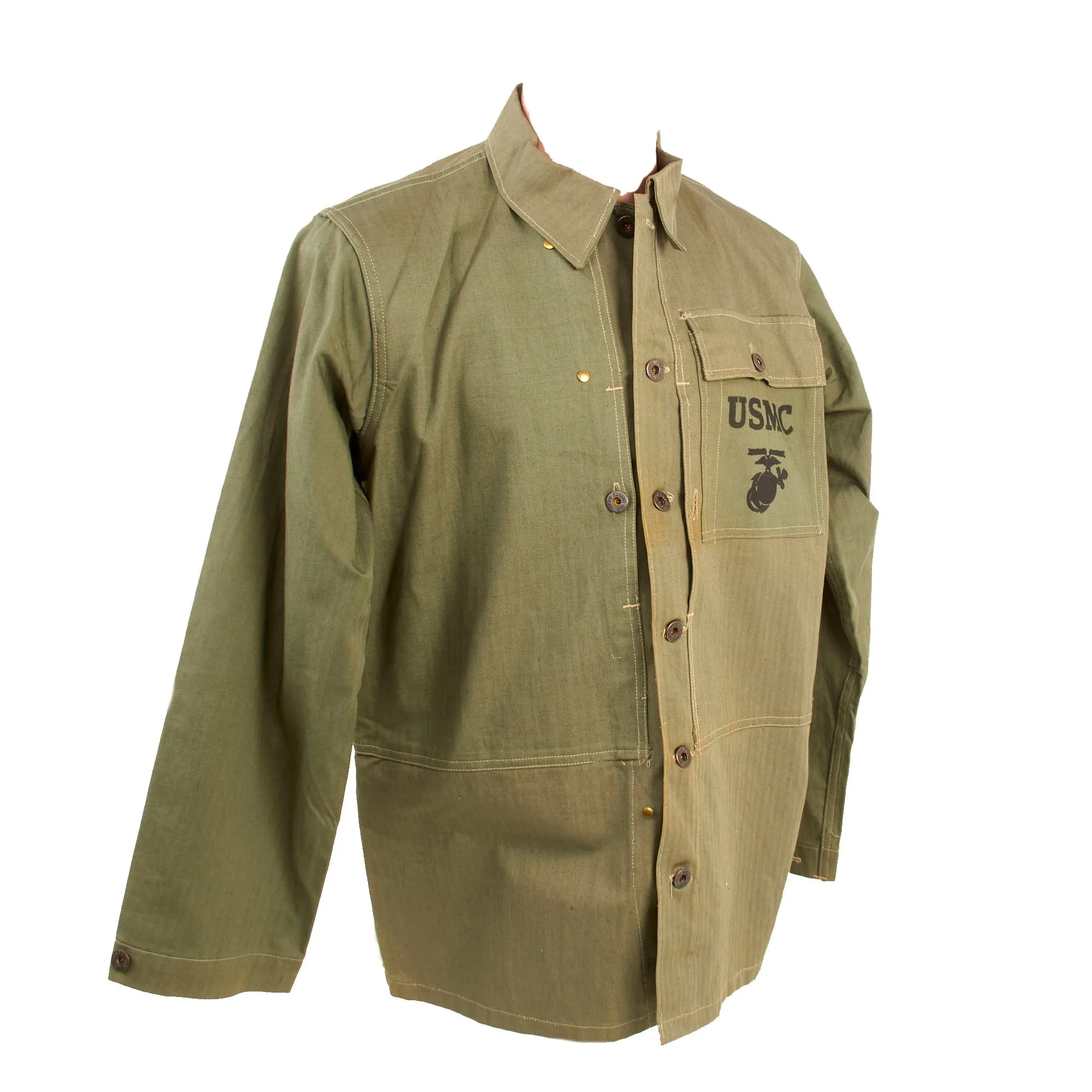 Original U.S. WWII Unissued USMC HBT Herringbone Twill P44 Combat Field Utility Uniform Set With “Monkey Trousers”