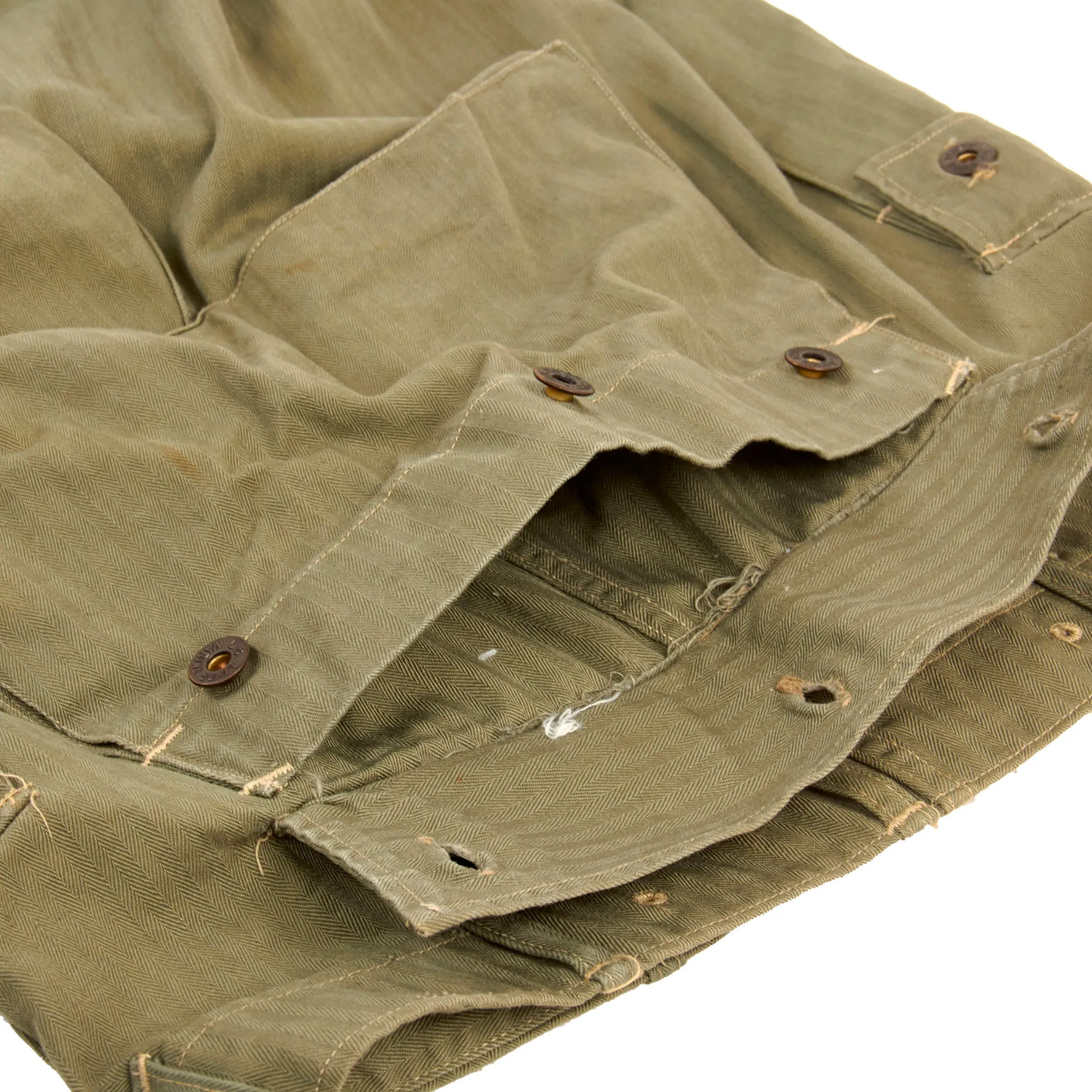 Original U.S. WWII Unissued USMC HBT Herringbone Twill P44 Combat Field Utility Uniform Set With “Monkey Trousers”