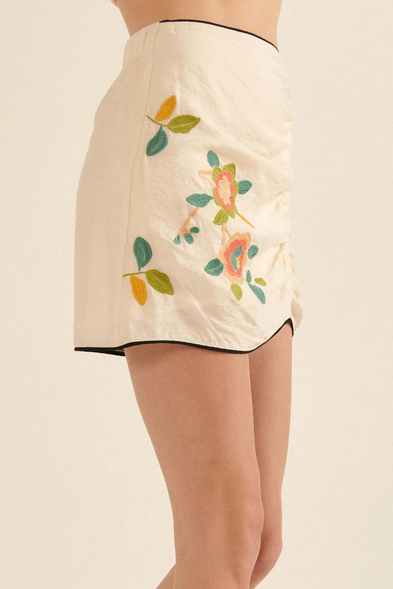 Paper Flowers Embroidered Ruched Mini Skirt