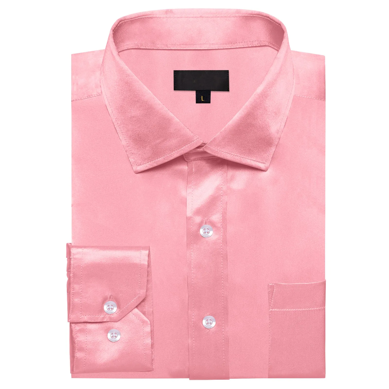 Pink Solid Satin Silk Men's Long Sleeve Business Shirt