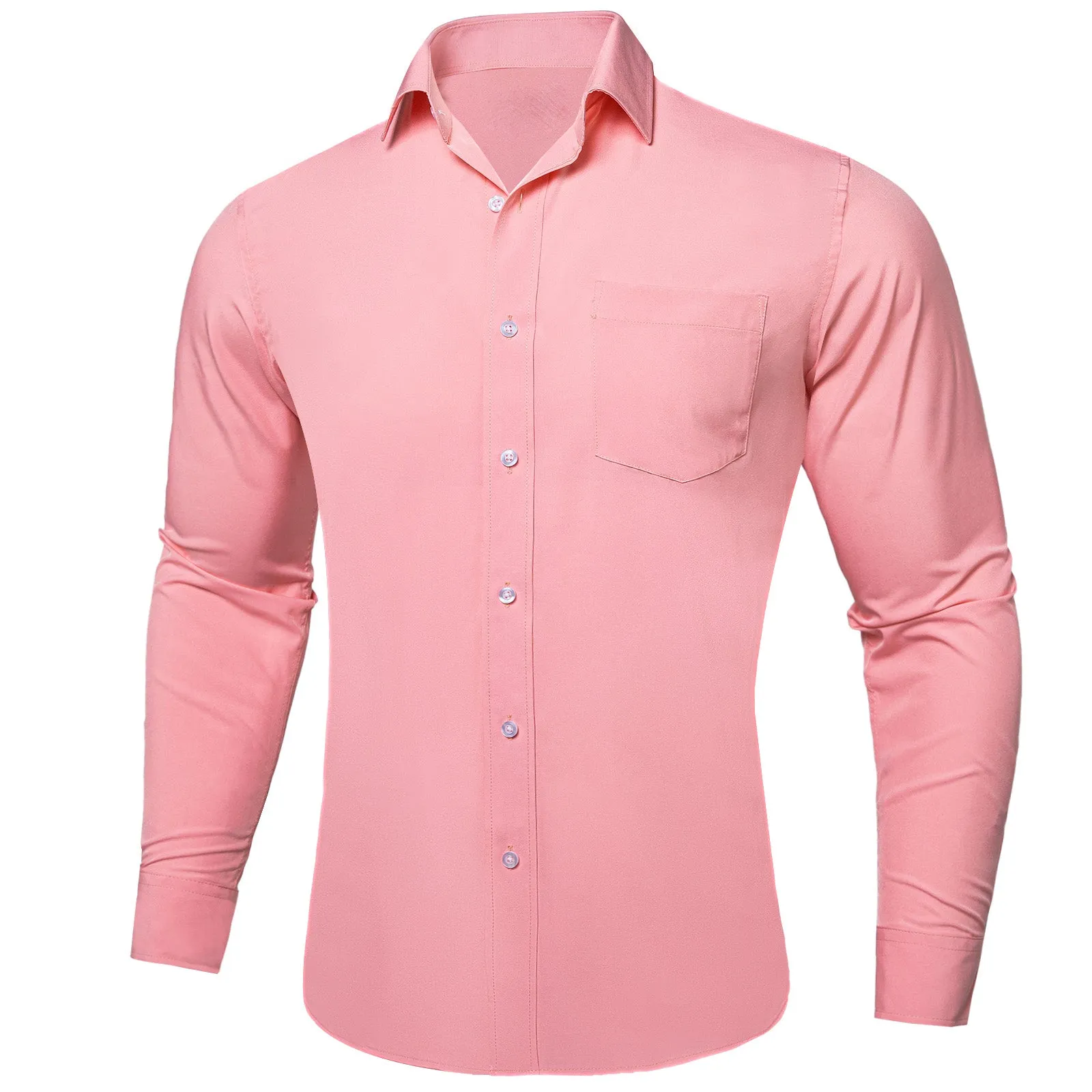 Pink Solid Silk Men's Long Sleeve Business Shirt