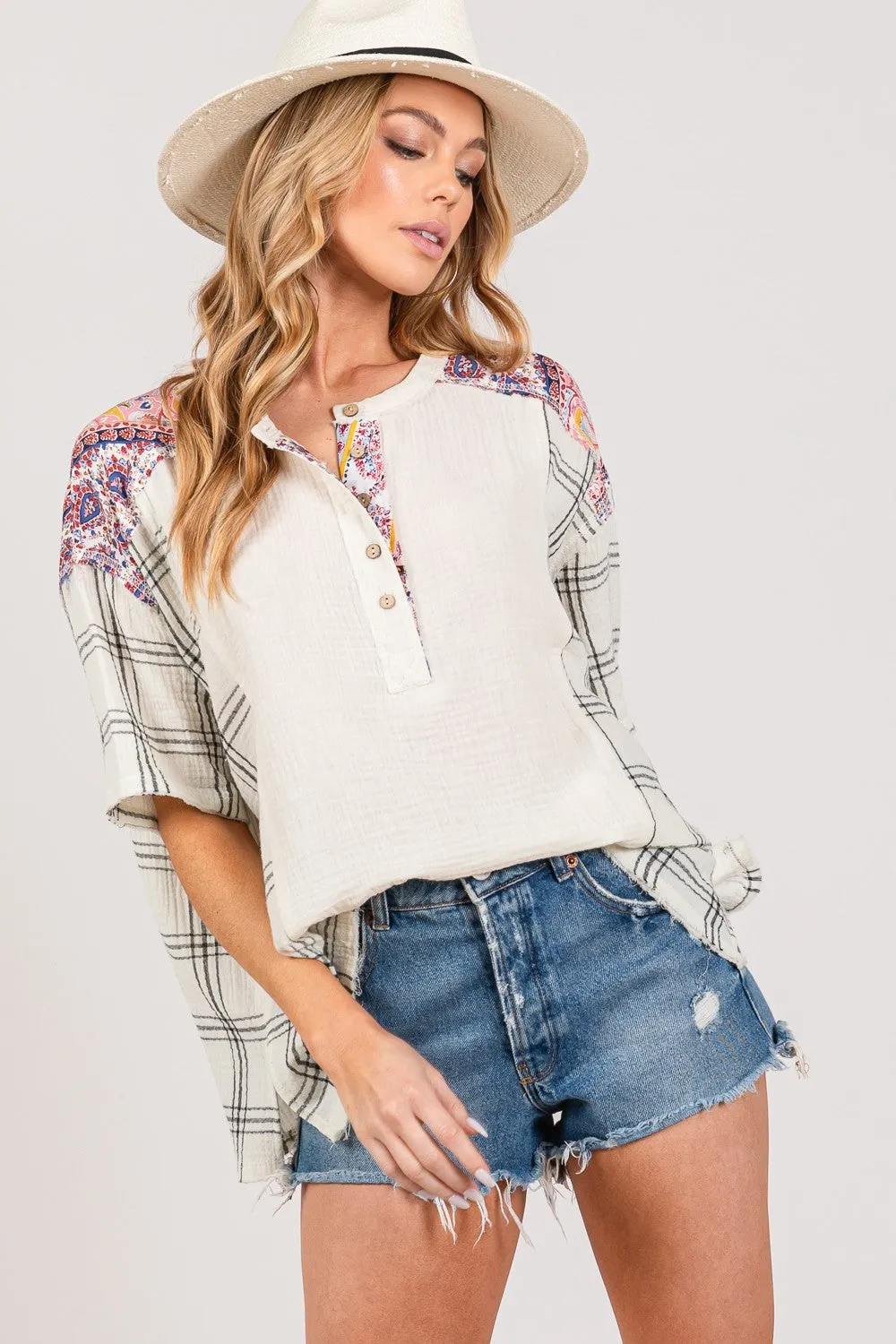 Plaid Half Button Gauze Top