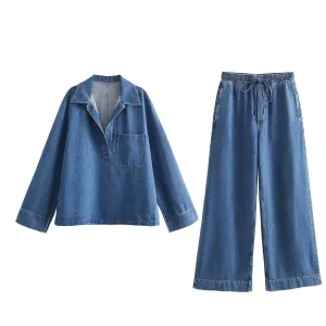 Pre Order:  Retro Solid Lapel Long Sleeve Denim Shirt   Wide Leg Denim Pants