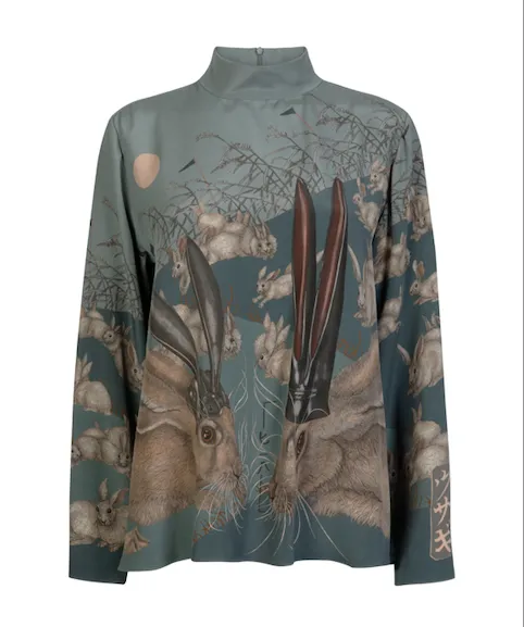 "The Floating Rabbits"  Silk Marocain High Neck Top Cameo/Rice