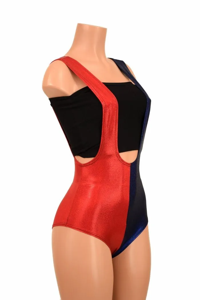 Ready to Ship Split Red & Blue Suspender Romper Large